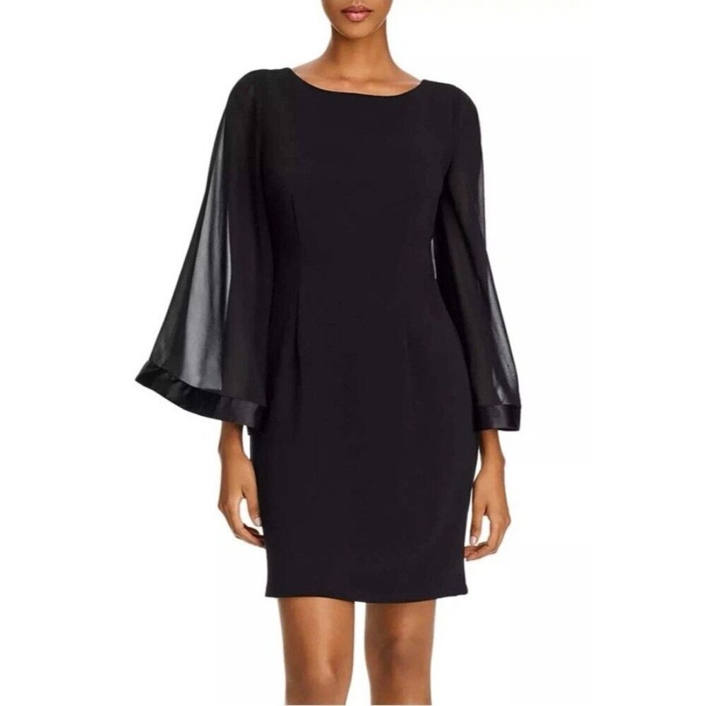 Adrianna Papell Black Zipper Back Long Sleeve Chiffon Dress Sz 20W Elegant Guest